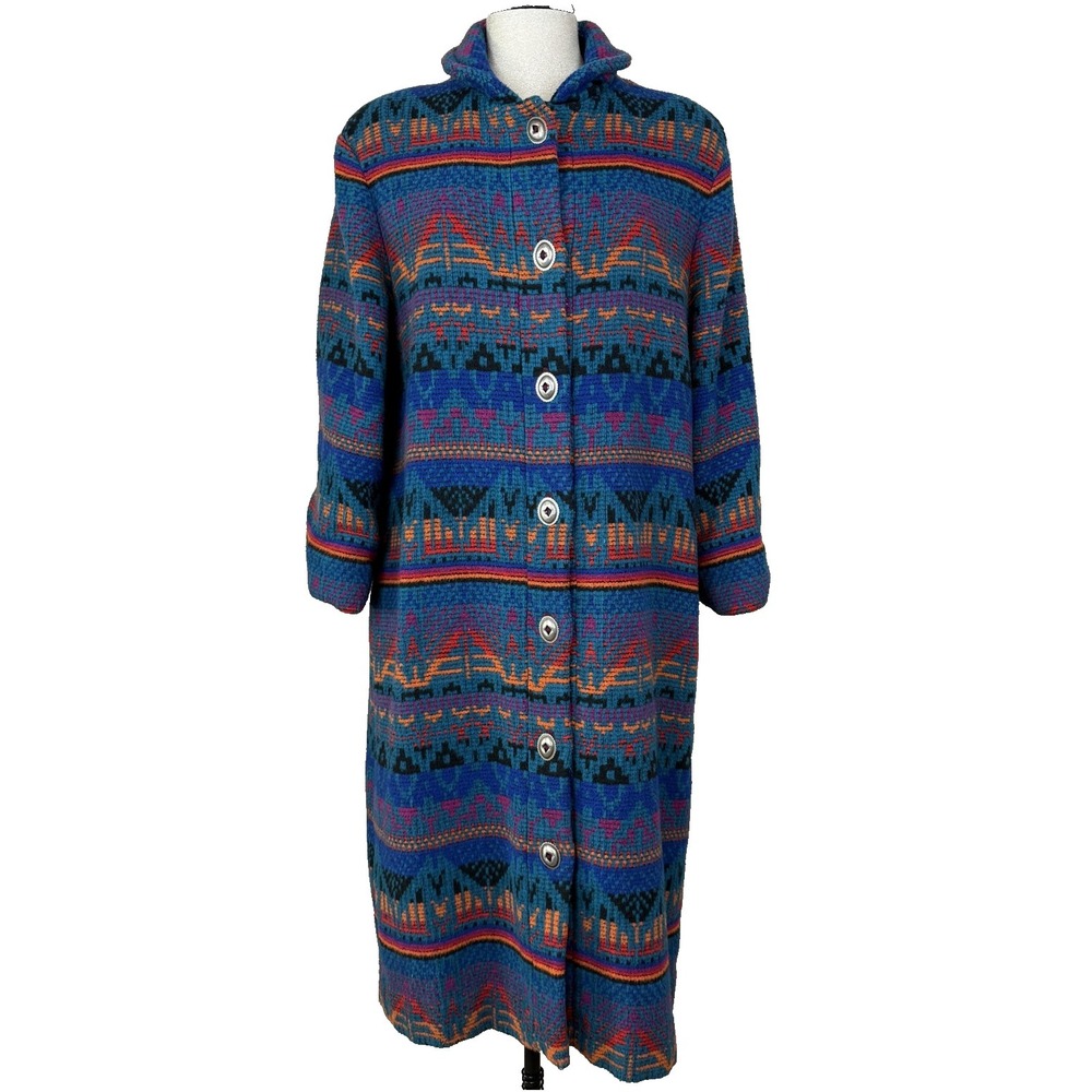 Vtg Jeanétte Moffitt Coat Womens L Teal Wool Southwestern Aztec Boho Geometric‎